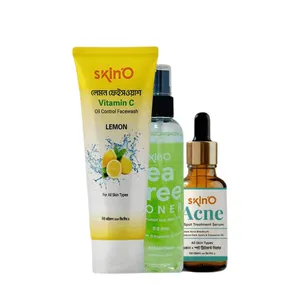 Skino Tea Tree Toner with (LIGHT AHA,BHA,PHA) 100ml and Skino Acne + Spot Treatment Serum 30ml and Skino Vitamin C Oil Control Facewash (Lemon) 110ml